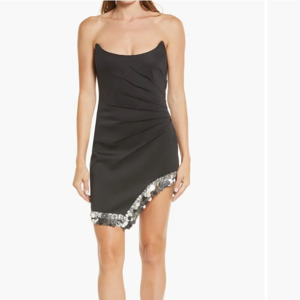 SHO by Tadashi Shoji Strapless Black Cocktail Dress Sequin Hem Ruched Size S